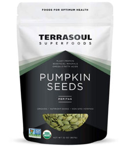 Bag of terrasoul superfoods pumpkin seeds, great snacks that reduce anxiety.