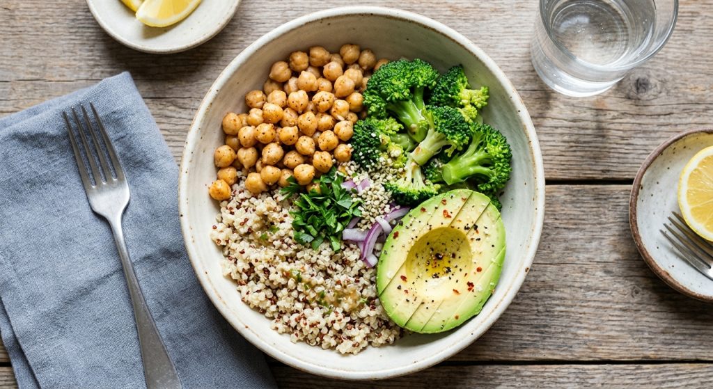 Overhead grain bowl with chickpeas, quinoa, broccoli, and avocado on a wooden table