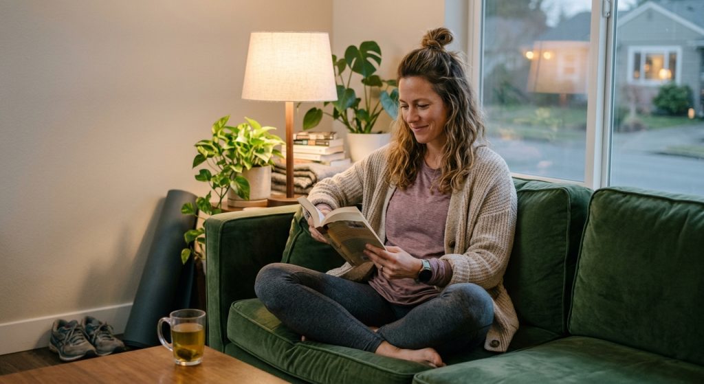 Woman relaxing at home as part of a healthy sleep routine