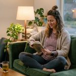 Woman relaxing at home as part of a healthy sleep routine